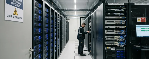 Allée centrale d'un datacenter moderne montrant des rangées de racks serveurs avec voyants LED actifs et technicien effectuant une maintenance en arrière-plan