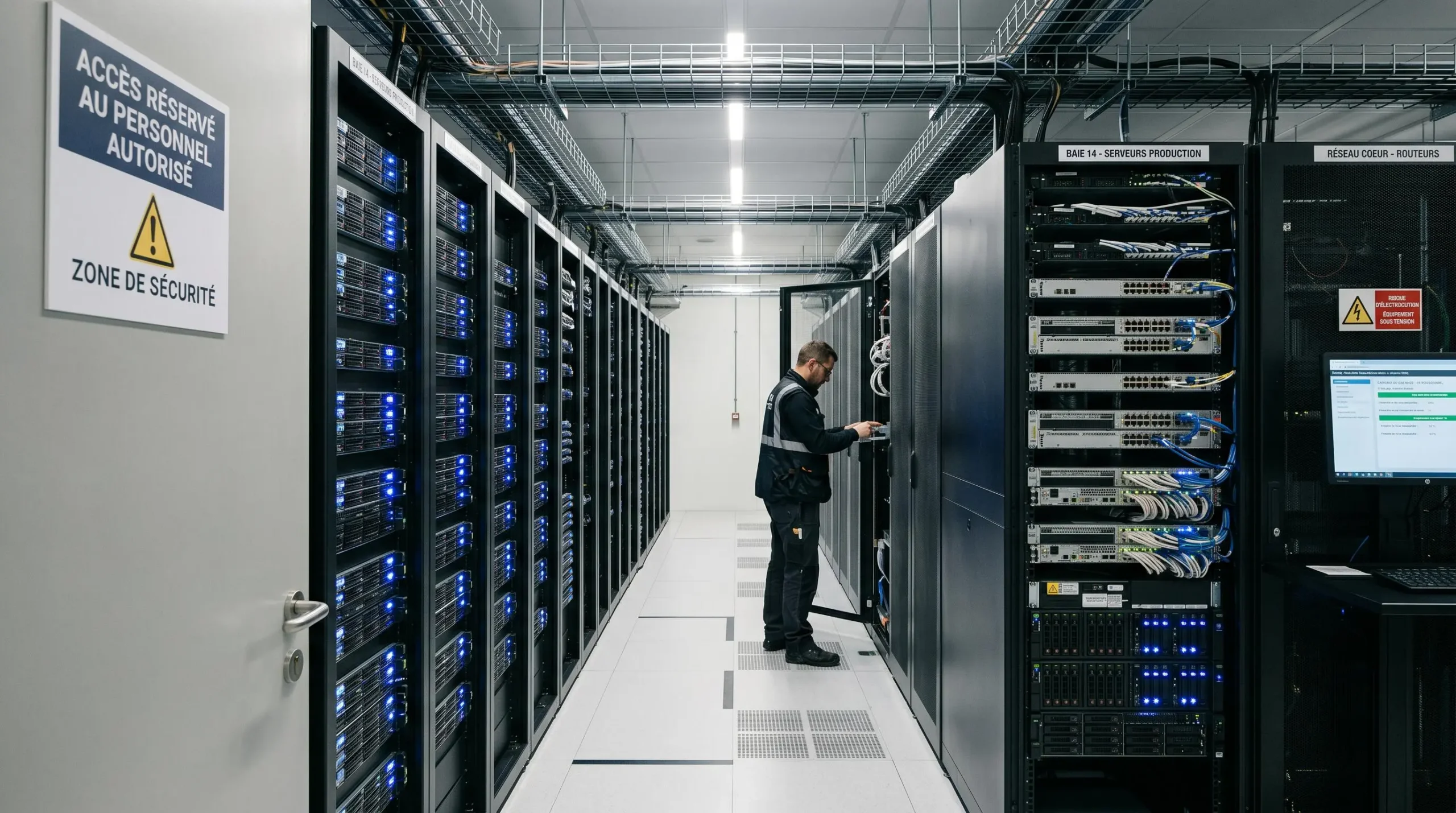 Allée centrale d'un datacenter moderne montrant des rangées de racks serveurs avec voyants LED actifs et technicien effectuant une maintenance en arrière-plan