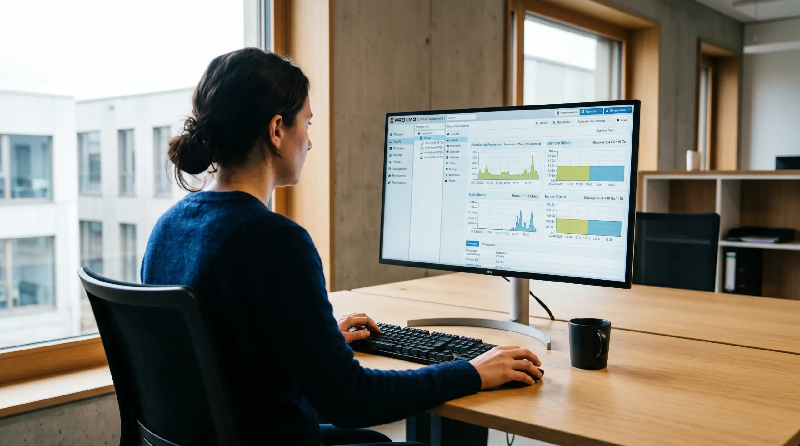 Écran d'ordinateur affichant interface de gestion VPS avec tableaux de bord de ressources et personne consultant les performances en arrière-plan