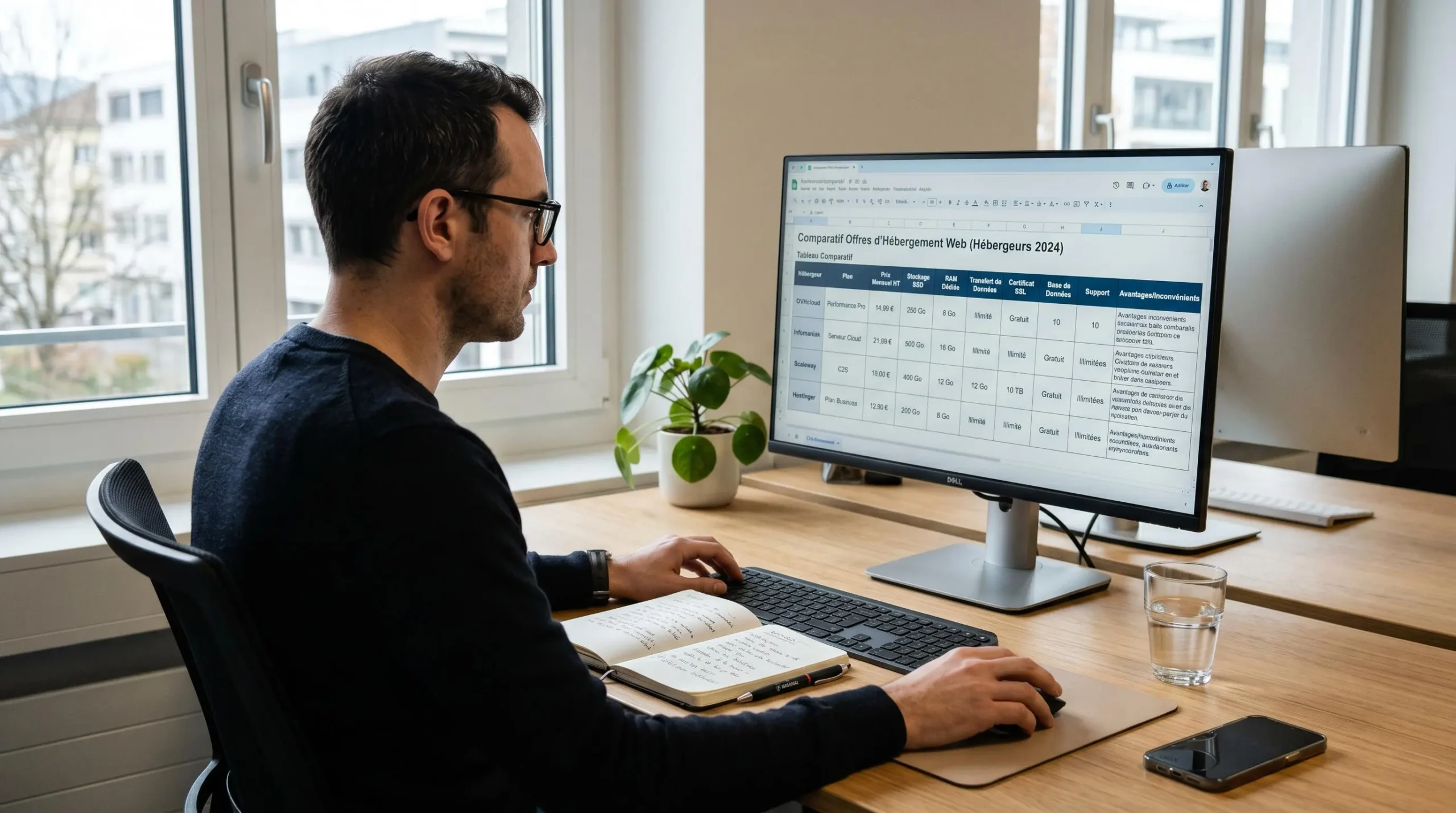 Personne consultant tableau comparatif de spécifications serveurs sur écran avec notes manuscrites pour choisir solution d'hébergement adaptée