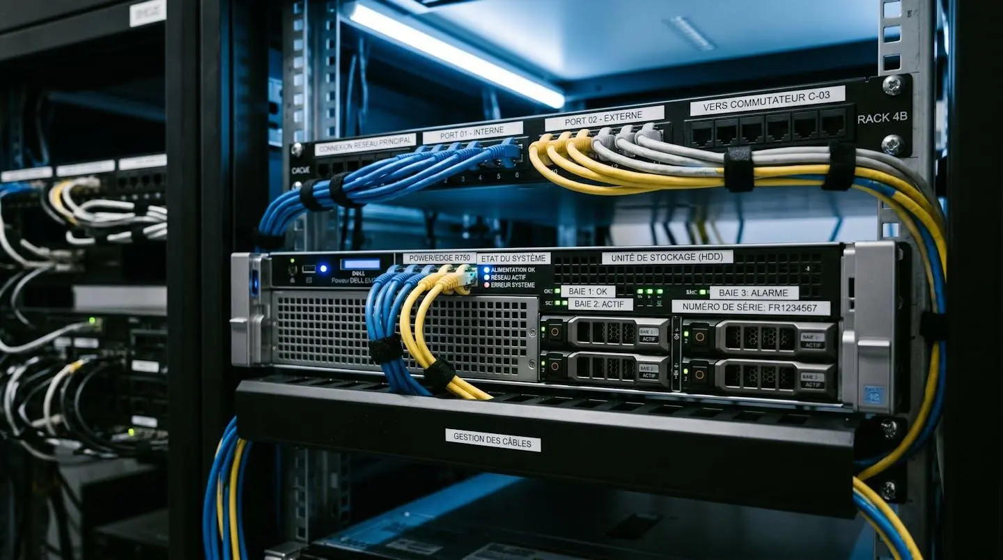 Unité serveur dédié montée en rack avec câblage réseau organisé et voyants LED actifs dans un datacenter professionnel
